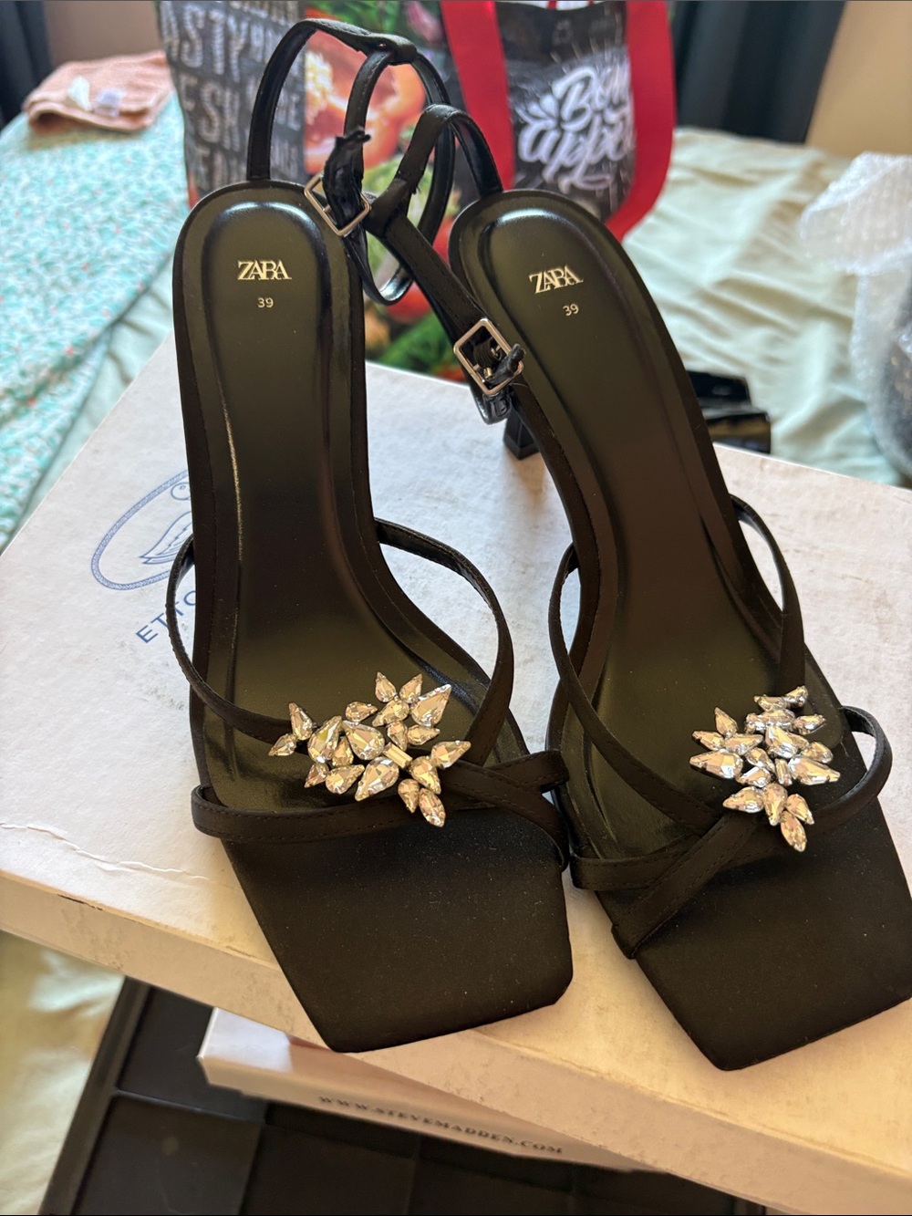 Zara Black Strappy Heels with Crystal Cluster Accent